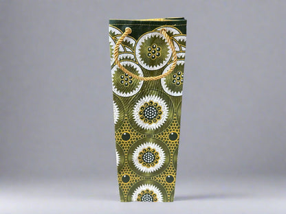 Ethnic, Fabric, Patterned Floral, Handmade Green, Cream, and Gold Wine Gift Bag - Gezia Accents