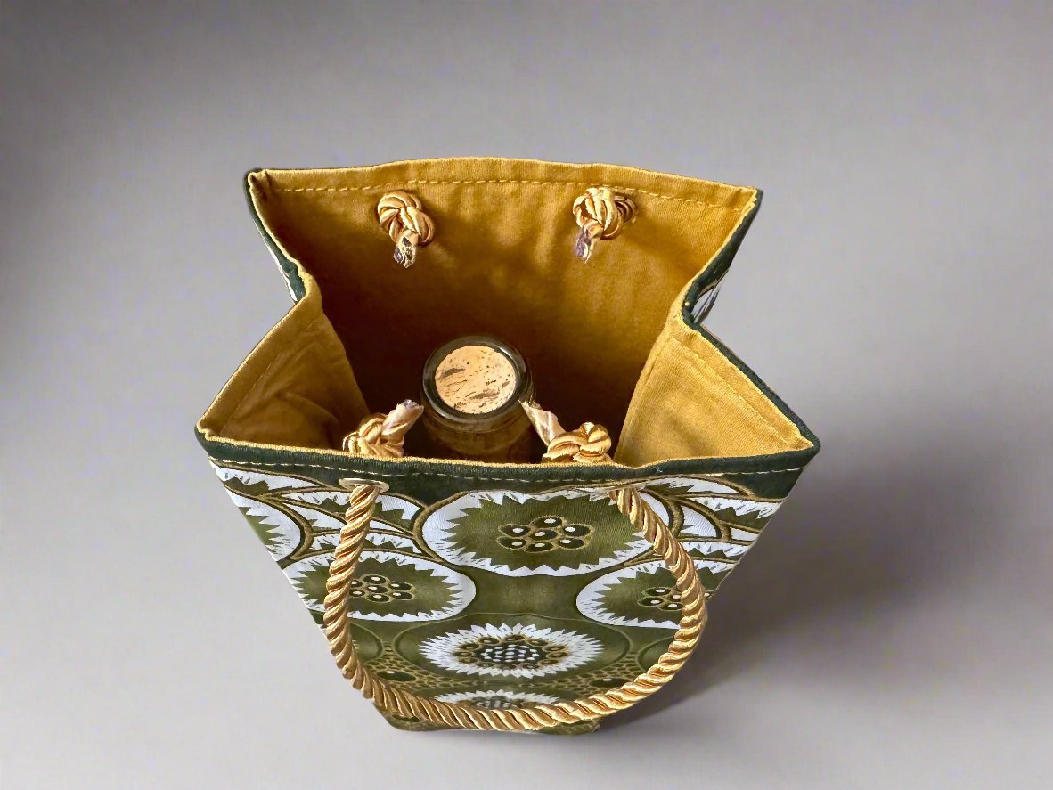 Ethnic, Fabric, Patterned Floral, Handmade Green, Cream, and Gold Wine Gift Bag - Gezia Accents