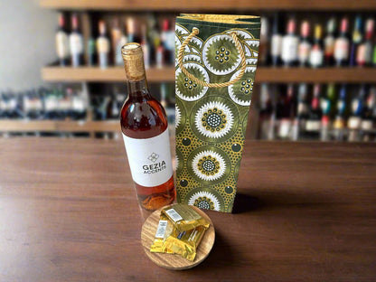 Ethnic, Fabric, Patterned Floral, Handmade Green, Cream, and Gold Wine Gift Bag - Gezia Accents