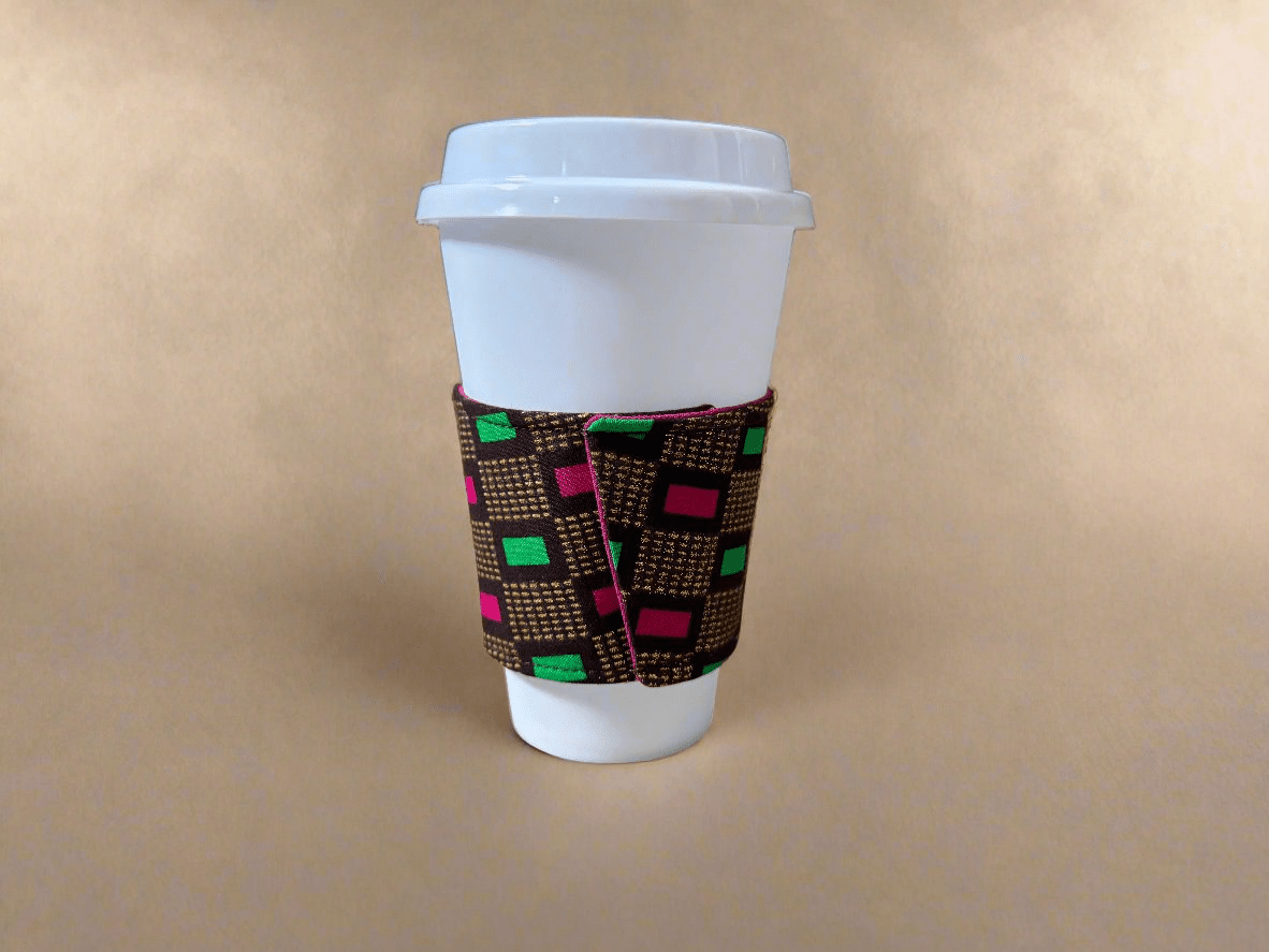 Ethnic, Fabric, Patterned, Handmade Berry, Blue, Green and Gold Cup Sleeve - Gezia Accents