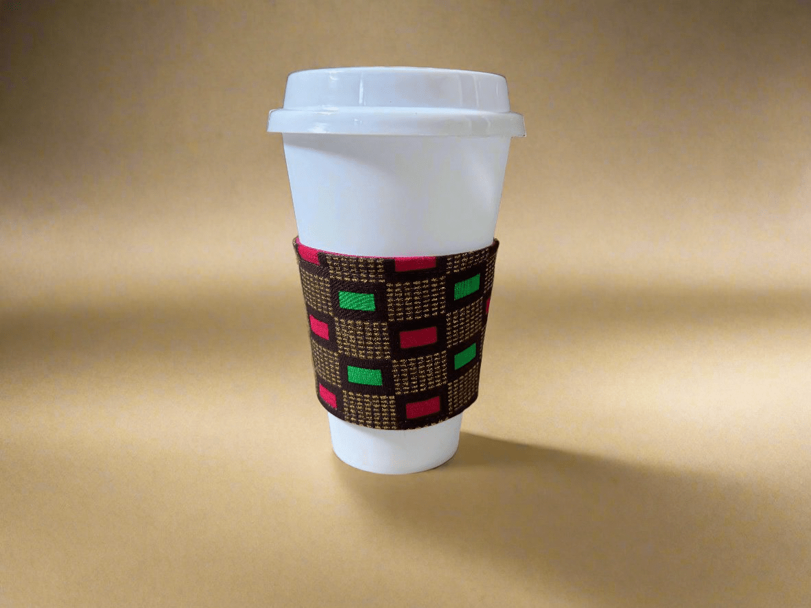 Ethnic, Fabric, Patterned, Handmade Berry, Blue, Green and Gold Cup Sleeve - Gezia Accents