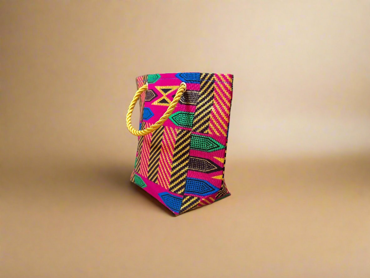 Ethnic, Fabric, Patterned, Handmade Berry, Blue, Green, Brown, and Gold Mini Tote - Gezia Accents