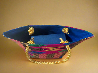 Ethnic, Fabric, Patterned, Handmade Berry, Blue, Green, Brown, and Gold Mini Tote - Gezia Accents