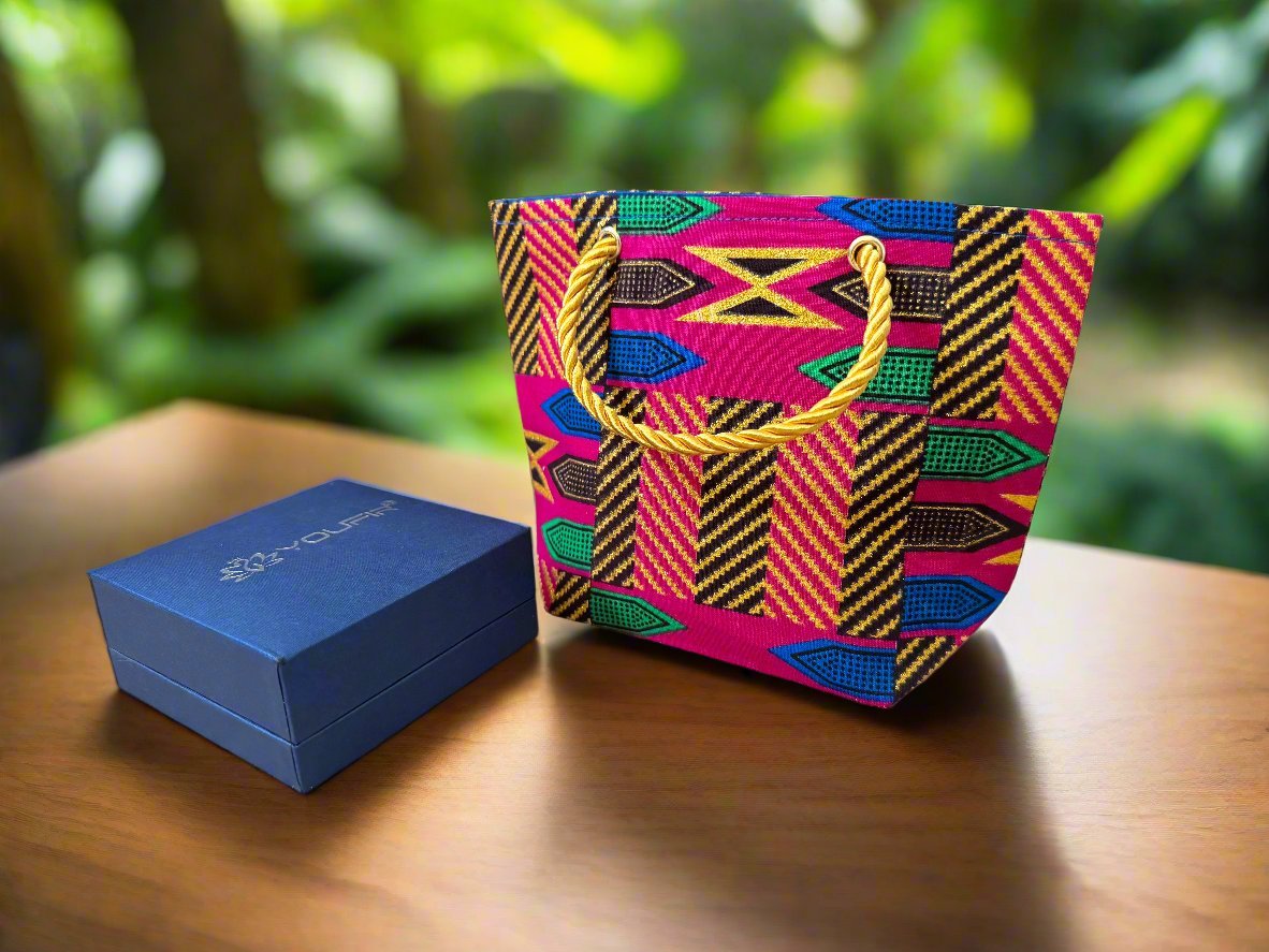 Ethnic, Fabric, Patterned, Handmade Berry, Blue, Green, Brown, and Gold Mini Tote - Gezia Accents