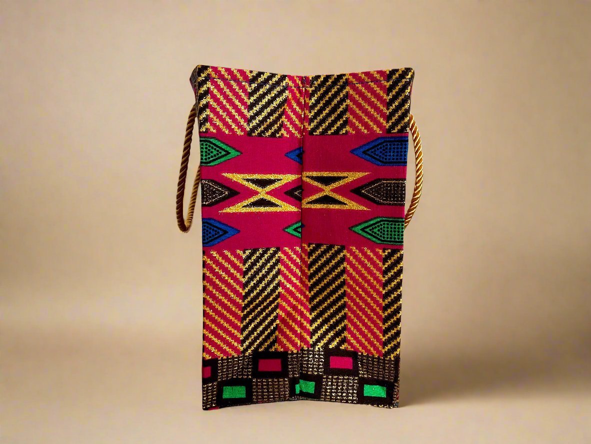 Ethnic, Fabric, Patterned, Handmade Berry, Dark Brown, Blue, Green, and Gold Small Wardrobe Bag - Gezia Accents
