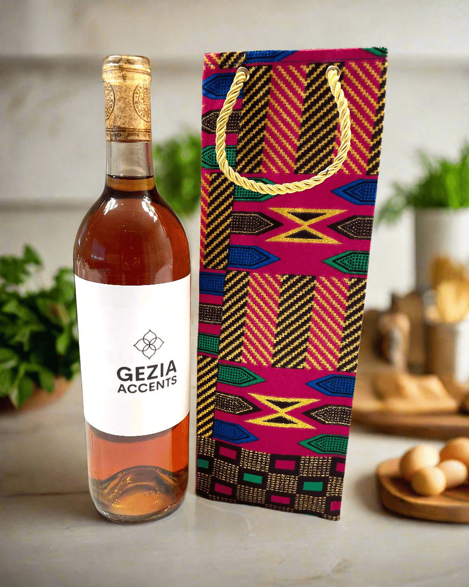 Ethnic, Fabric, Patterned, Handmade Berry, Dark Brown, Green, Blue, and Gold Wine Gift Bag - Gezia Accents