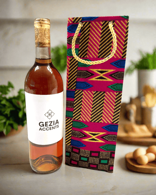Ethnic, Fabric, Patterned, Handmade Berry, Dark Brown, Green, Blue, and Gold Wine Gift Bag - Gezia Accents