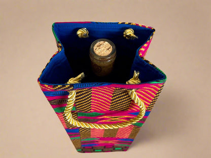 Ethnic, Fabric, Patterned, Handmade Berry, Dark Brown, Green, Blue, and Gold Wine Gift Bag - Gezia Accents