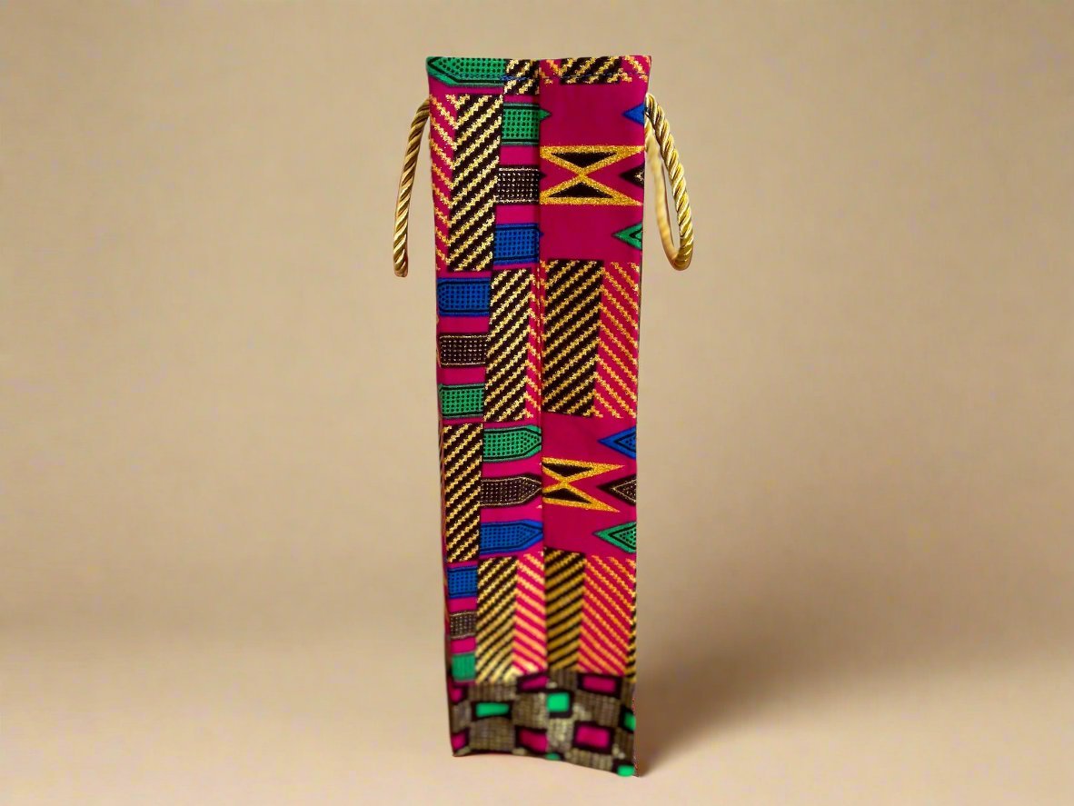 Ethnic, Fabric, Patterned, Handmade Berry, Dark Brown, Green, Blue, and Gold Wine Gift Bag - Gezia Accents