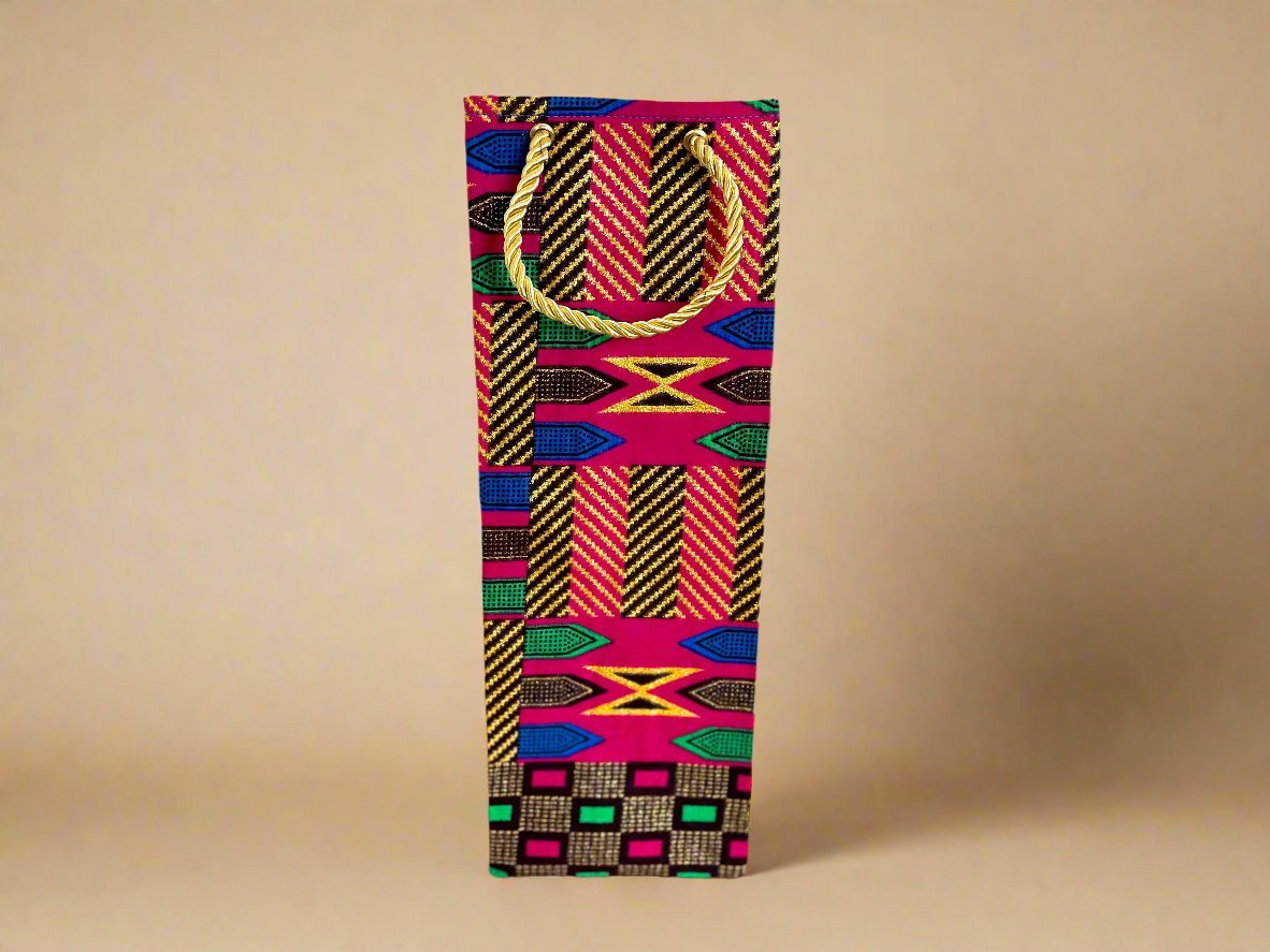 Ethnic, Fabric, Patterned, Handmade Berry, Dark Brown, Green, Blue, and Gold Wine Gift Bag - Gezia Accents