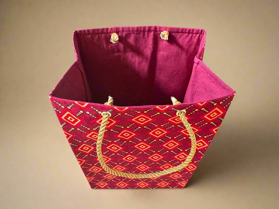 Ethnic, Fabric, Patterned, Handmade Berry, Maroon, Red, and Gold Medium Bag - Gezia Accents