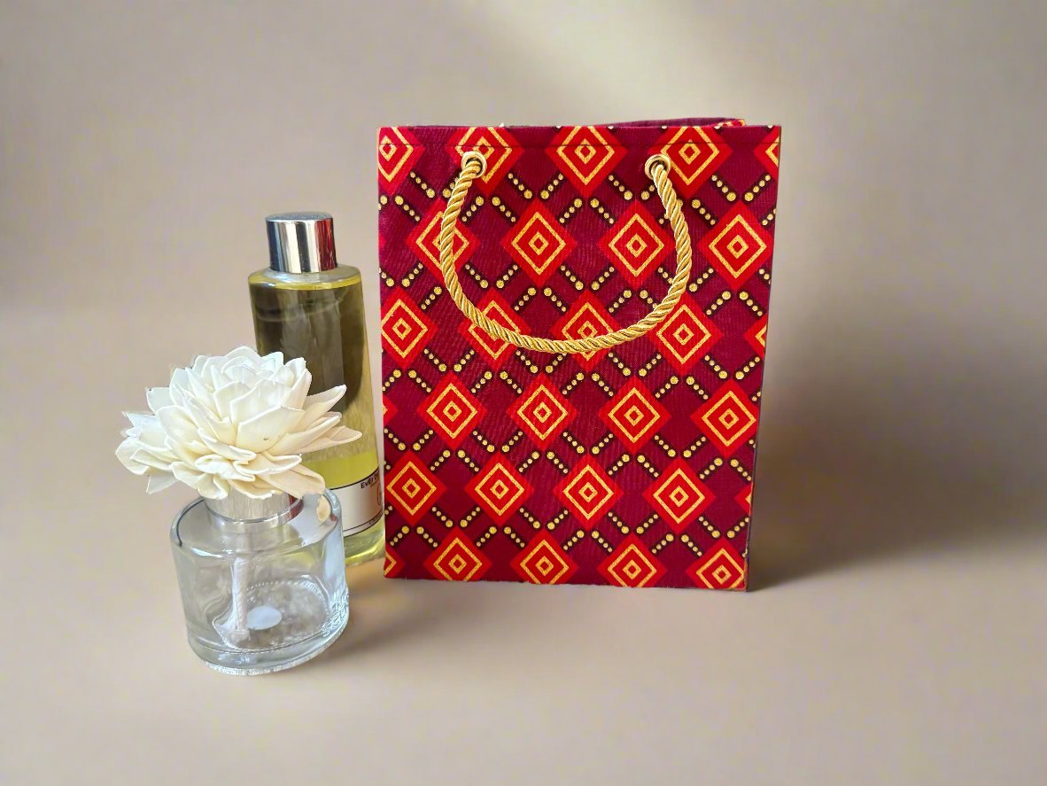 Ethnic, Fabric, Patterned, Handmade Berry, Maroon, Red, and Gold Medium Bag - Gezia Accents
