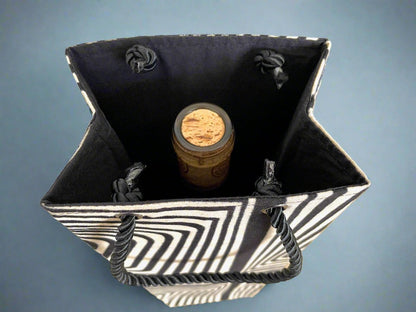 Ethnic, Fabric, Patterned, Handmade Black and Cream Wine Gift Bag - Gezia Accents