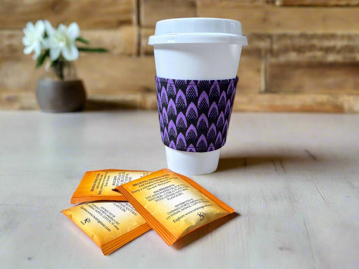 Ethnic, Fabric, Patterned, Handmade Black and Purple Cup Sleeve - Gezia Accents