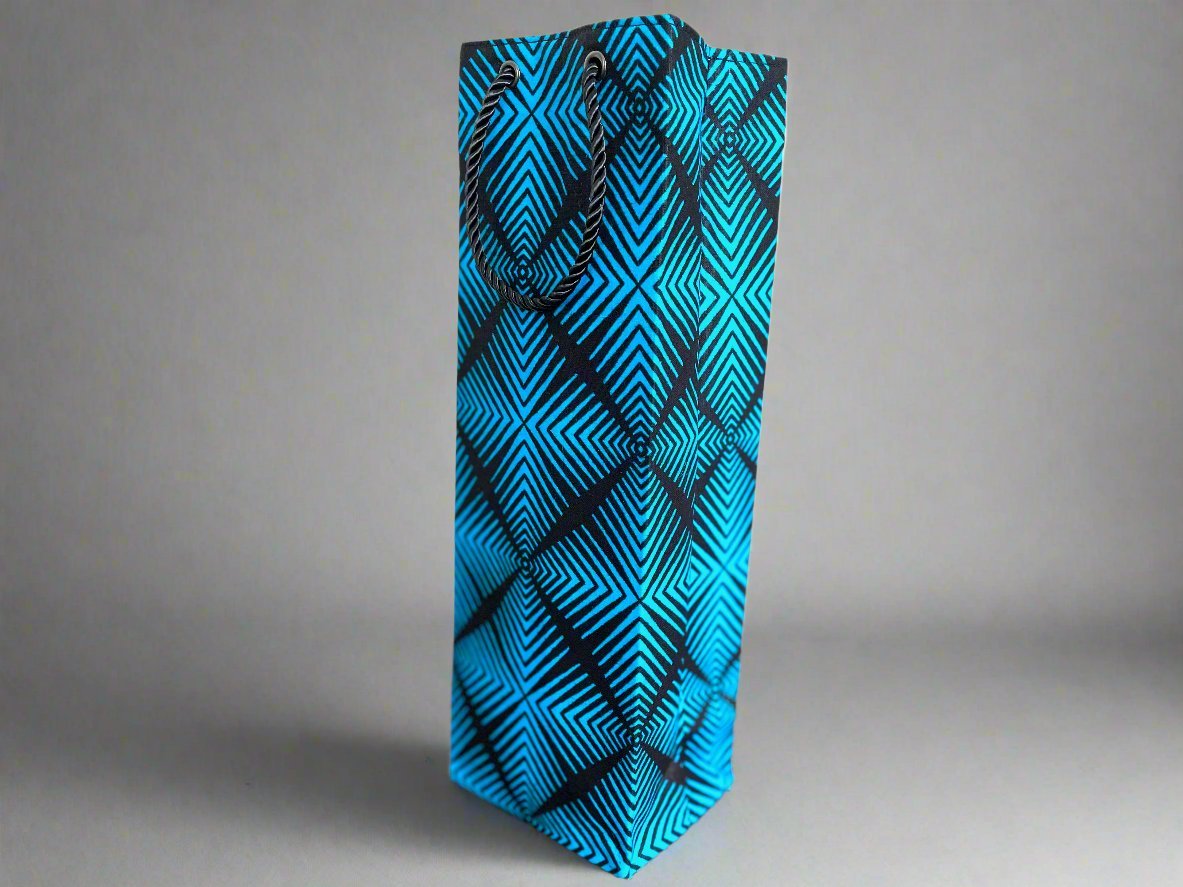 Ethnic, Fabric, Patterned, Handmade Black and Turquoise Wine Gift Bag - Gezia Accents