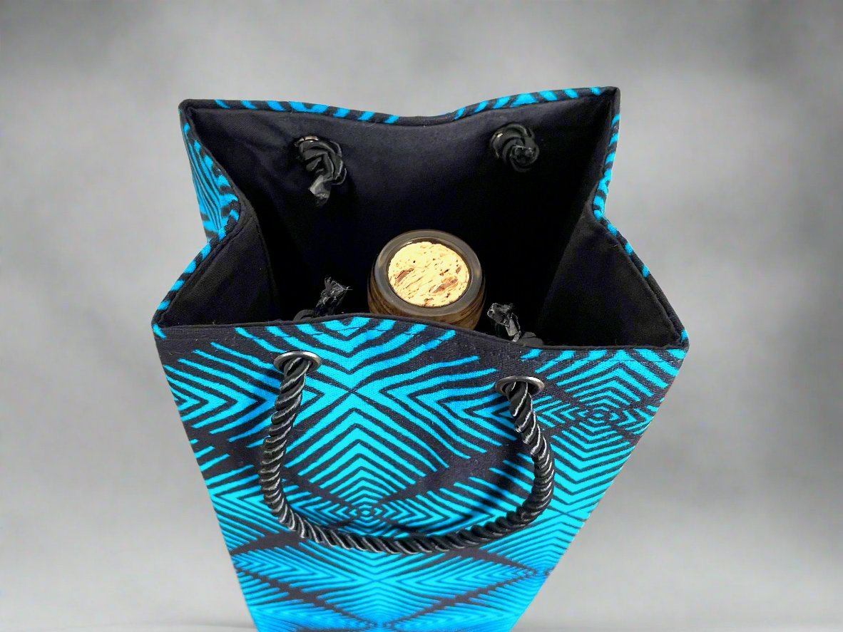 Ethnic, Fabric, Patterned, Handmade Black and Turquoise Wine Gift Bag - Gezia Accents