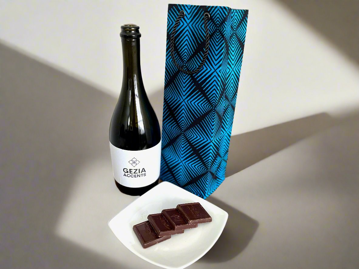 Ethnic, Fabric, Patterned, Handmade Black and Turquoise Wine Gift Bag - Gezia Accents
