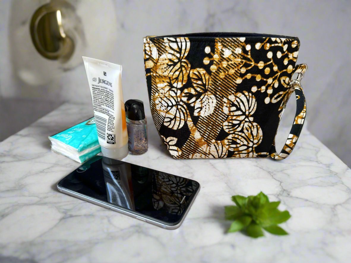 Ethnic, Fabric, Patterned, Handmade Black, Cream, and Gold Mini Tote - Gezia Accents