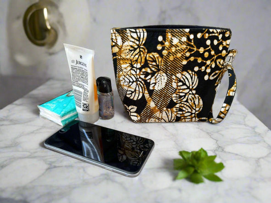 Ethnic, Fabric, Patterned, Handmade Black, Cream, and Gold Mini Tote - Gezia Accents