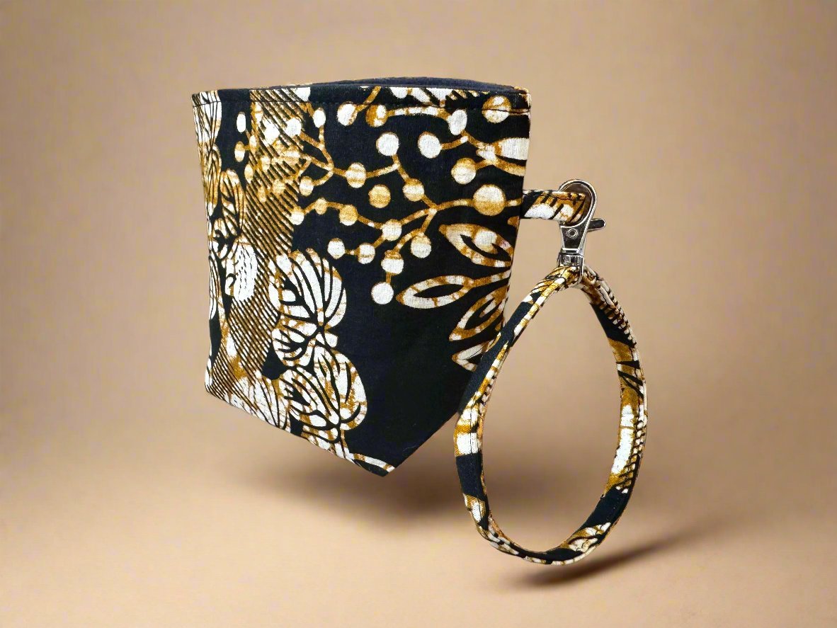 Ethnic, Fabric, Patterned, Handmade Black, Cream, and Gold Mini Tote