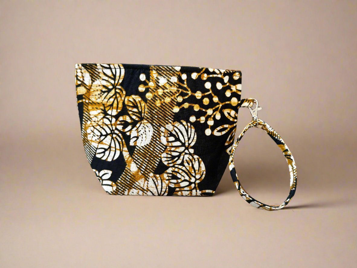 Ethnic, Fabric, Patterned, Handmade Black, Cream, and Gold Mini Tote - Gezia Accents