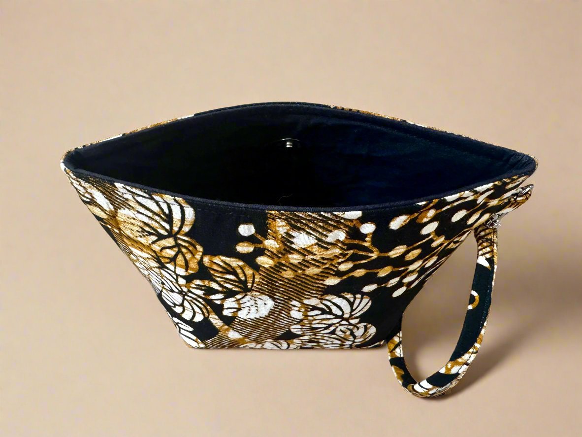 Ethnic, Fabric, Patterned, Handmade Black, Cream, and Gold Mini Tote - Gezia Accents