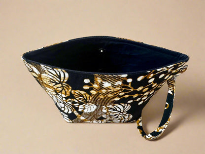 Ethnic, Fabric, Patterned, Handmade Black, Cream, and Gold Mini Tote - Gezia Accents