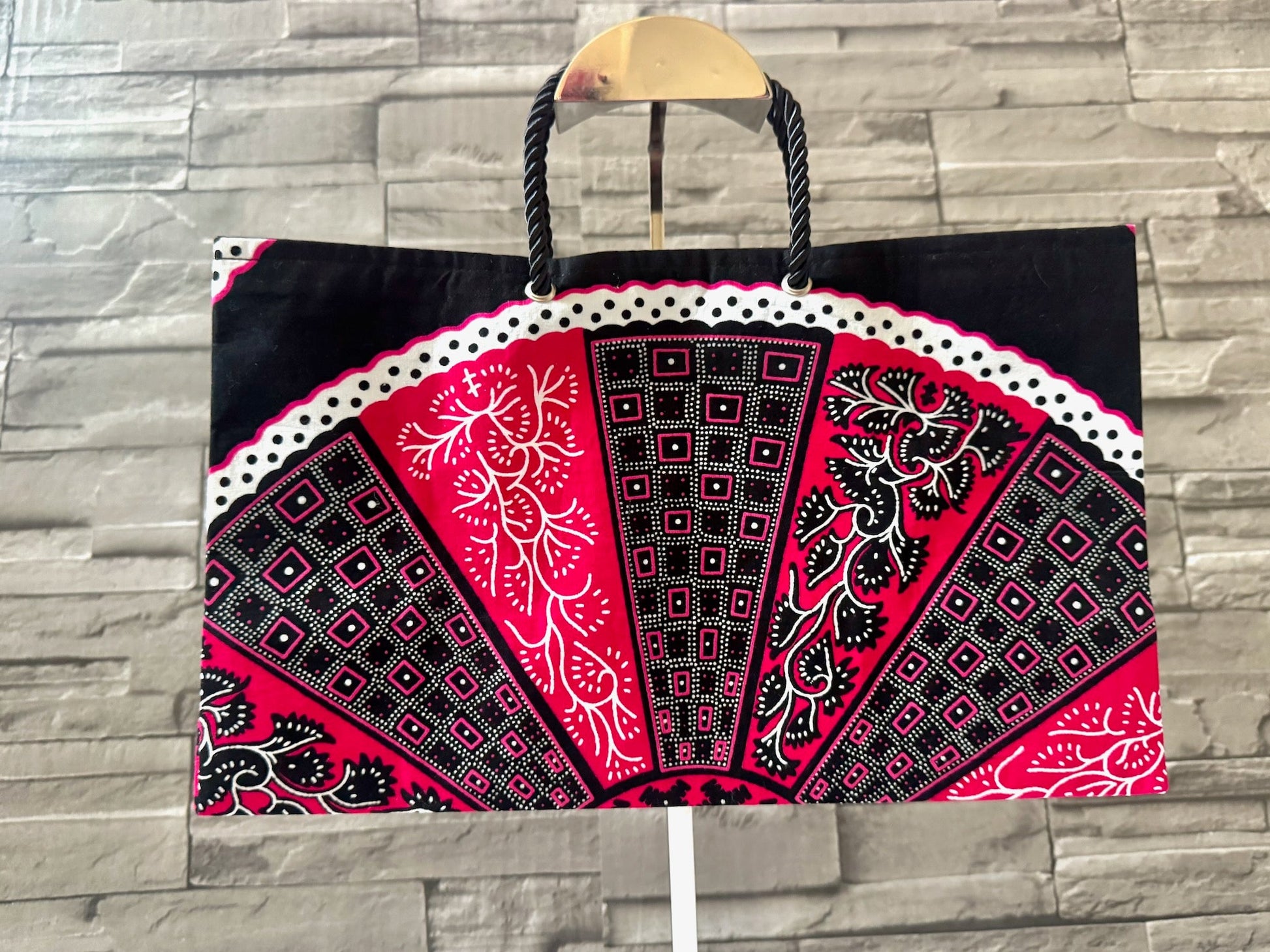 Ethnic, Fabric, Patterned, Handmade Black, Fuscia, and White Medium Horizontal Bag - Gezia Accents