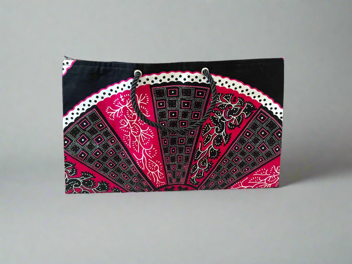 Ethnic, Fabric, Patterned, Handmade Black, Fuscia, and White Medium Horizontal Bag - Gezia Accents