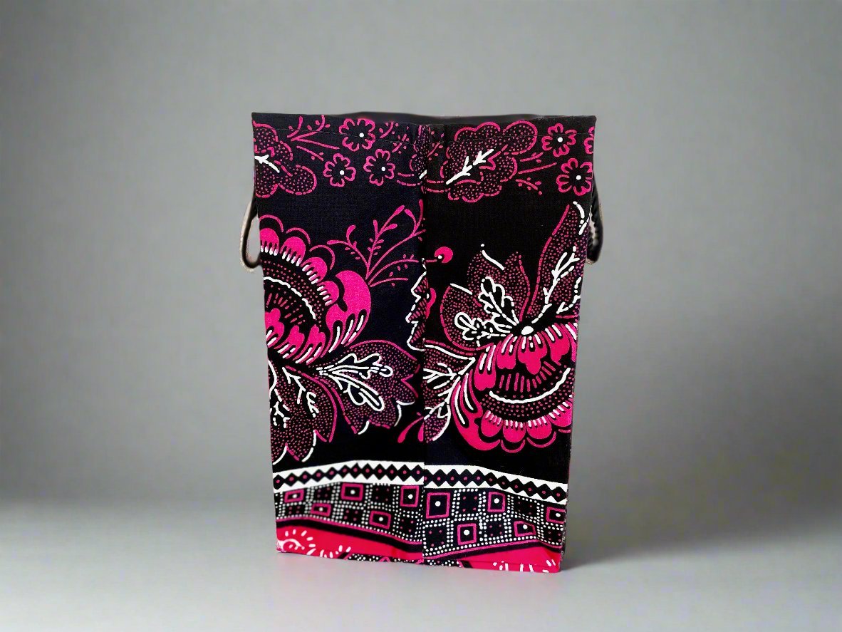 Ethnic, Fabric, Patterned, Handmade Black, Fuscia, and White Medium Horizontal Bag - Gezia Accents