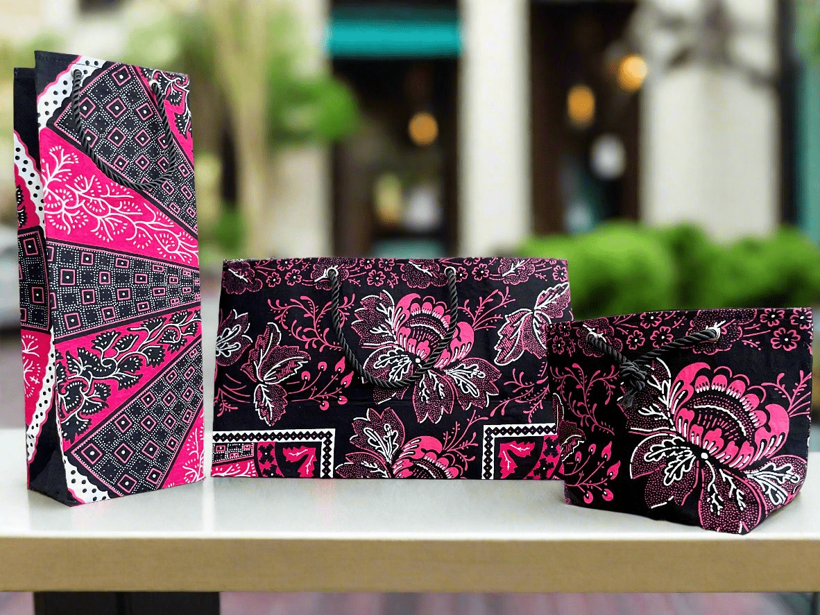 Ethnic, Fabric, Patterned, Handmade Black, Fuscia, and White Medium Horizontal Bag - Gezia Accents