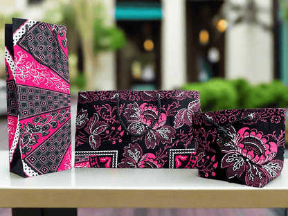 Ethnic, Fabric, Patterned, Handmade Black, Fuscia, and White Medium Horizontal Bag - Gezia Accents