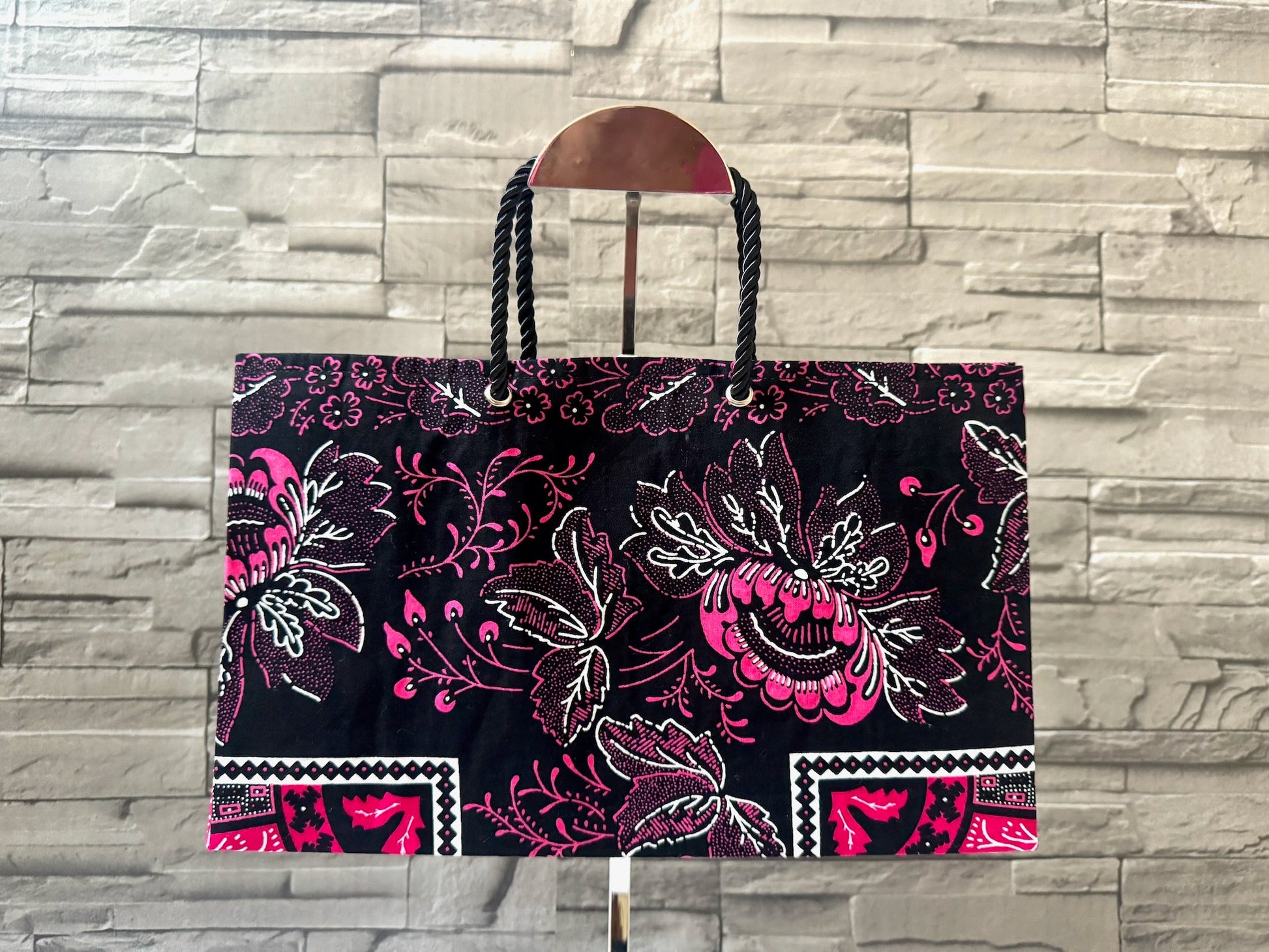 Ethnic, Fabric, Patterned, Handmade Black, Fuscia, and White Medium Horizontal Bag - Gezia Accents