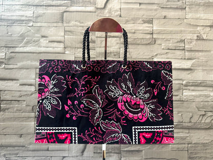 Ethnic, Fabric, Patterned, Handmade Black, Fuscia, and White Medium Horizontal Bag - Gezia Accents