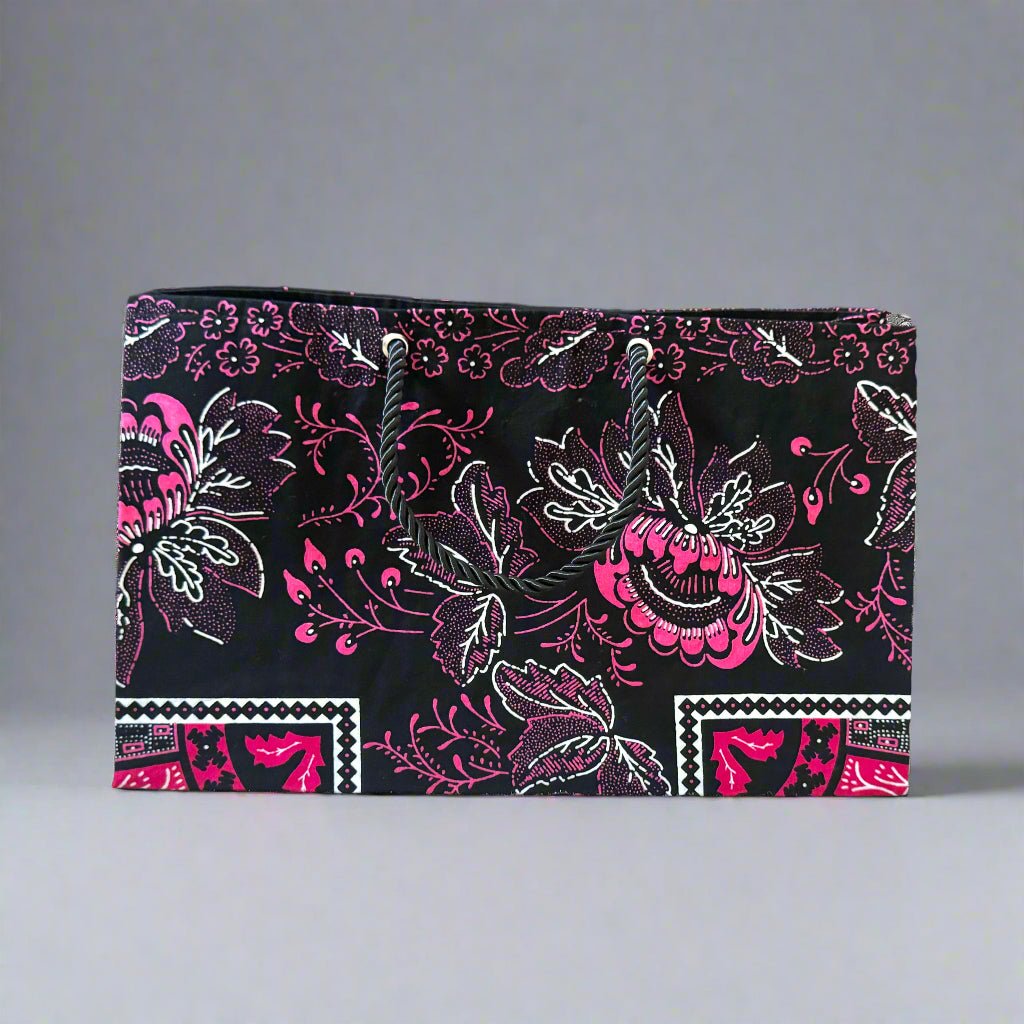 Ethnic, Fabric, Patterned, Handmade Black, Fuscia, and White Medium Horizontal Bag - Gezia Accents
