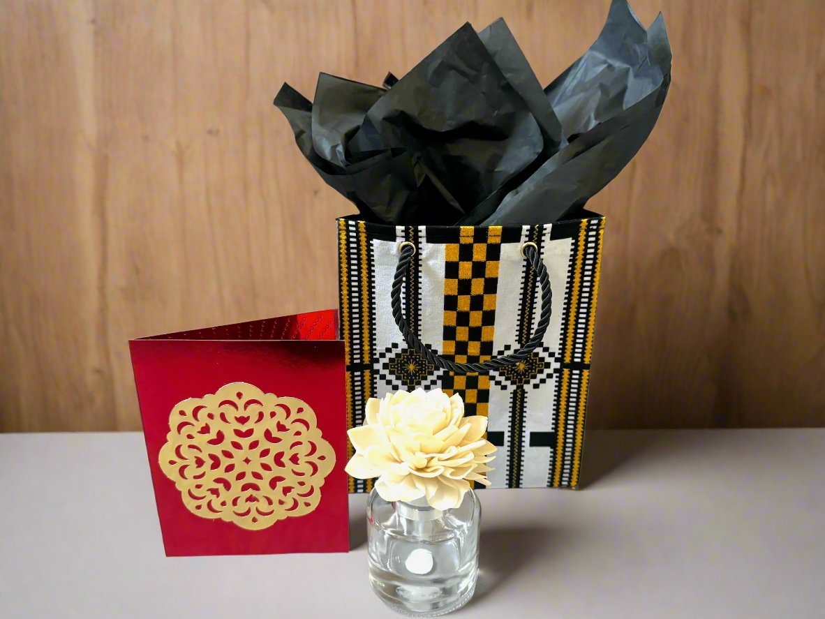 Ethnic, Fabric, Patterned, Handmade Black, Gold and White Extra Small Bag - Gezia Accents