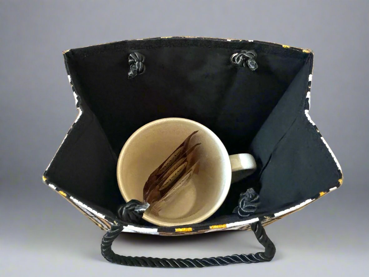 Ethnic, Fabric, Patterned, Handmade Black, Gold and White Extra Small Bag - Gezia Accents