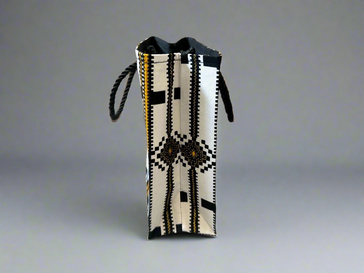 Ethnic, Fabric, Patterned, Handmade Black, Gold and White Extra Small Bag - Gezia Accents