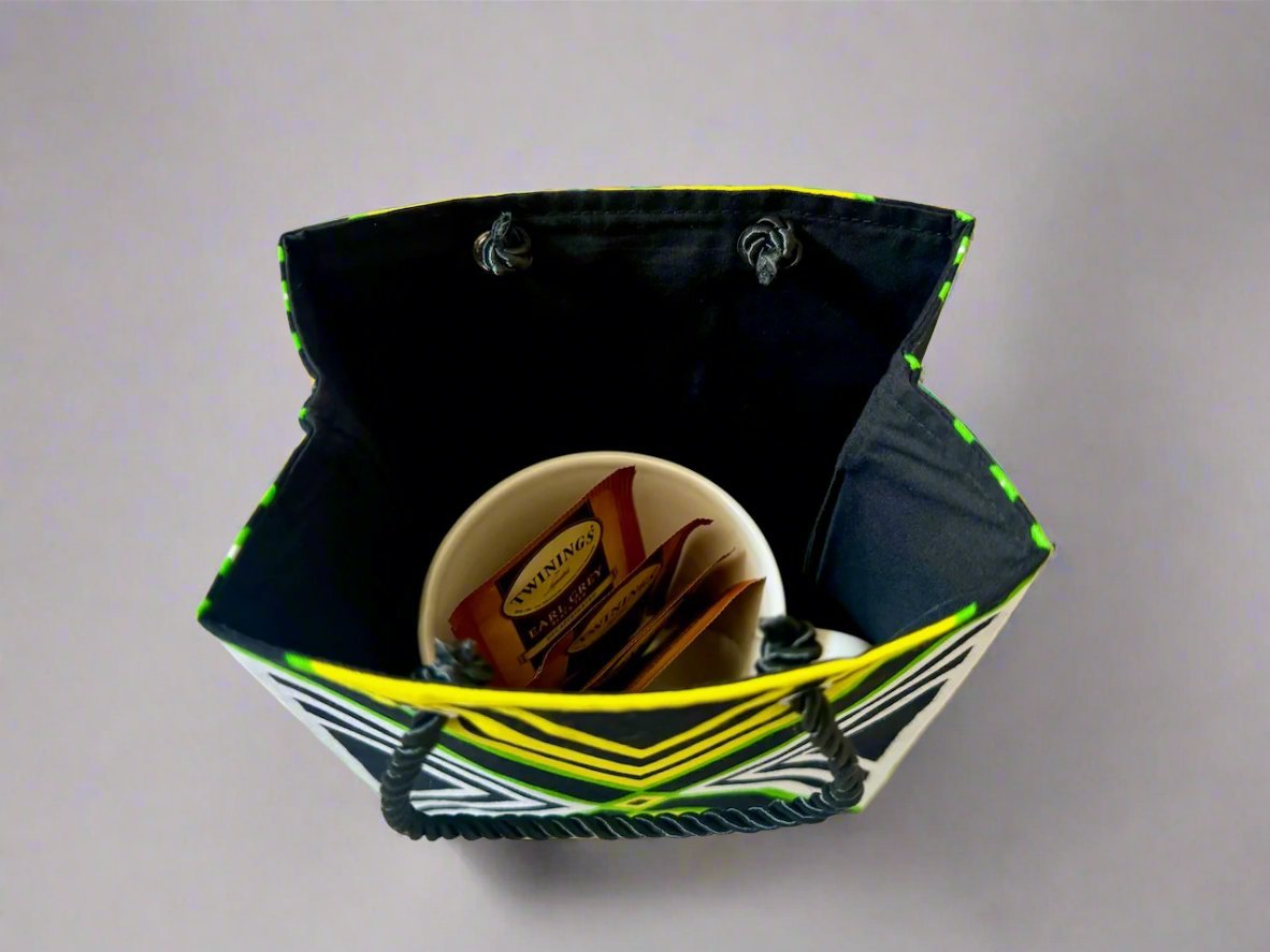 Ethnic, Fabric, Patterned, Handmade Black, Green, Yellow, and White Extra Small Bag - Gezia Accents