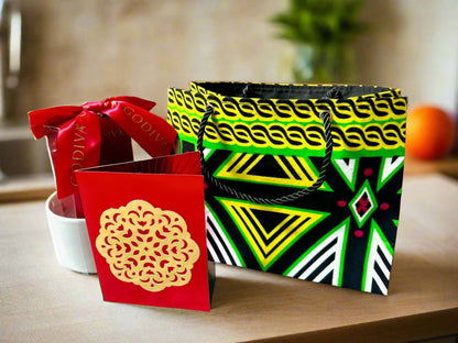 Ethnic, Fabric, Patterned, Handmade Black, Green, Yellow and White Small Wardrobe Bag - Gezia Accents