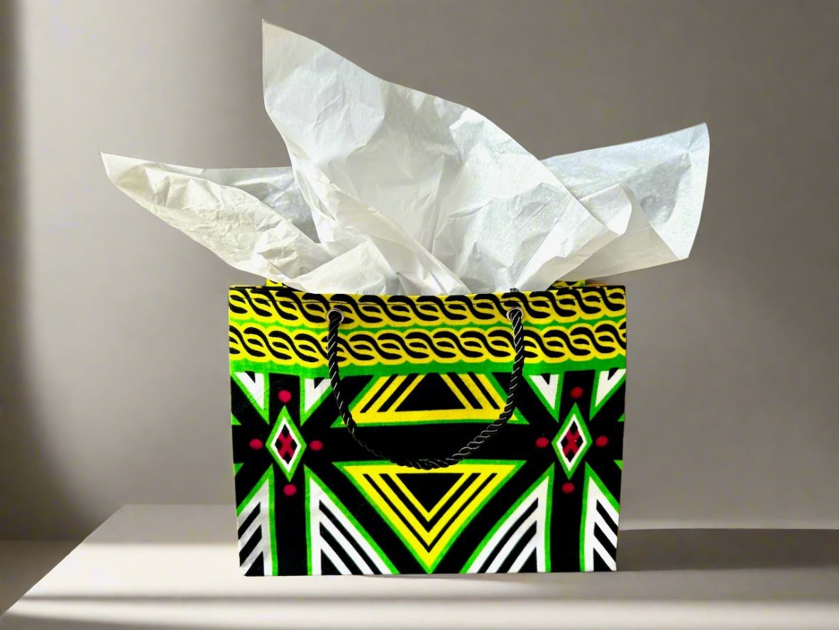 Ethnic, Fabric, Patterned, Handmade Black, Green, Yellow and White Small Wardrobe Bag - Gezia Accents