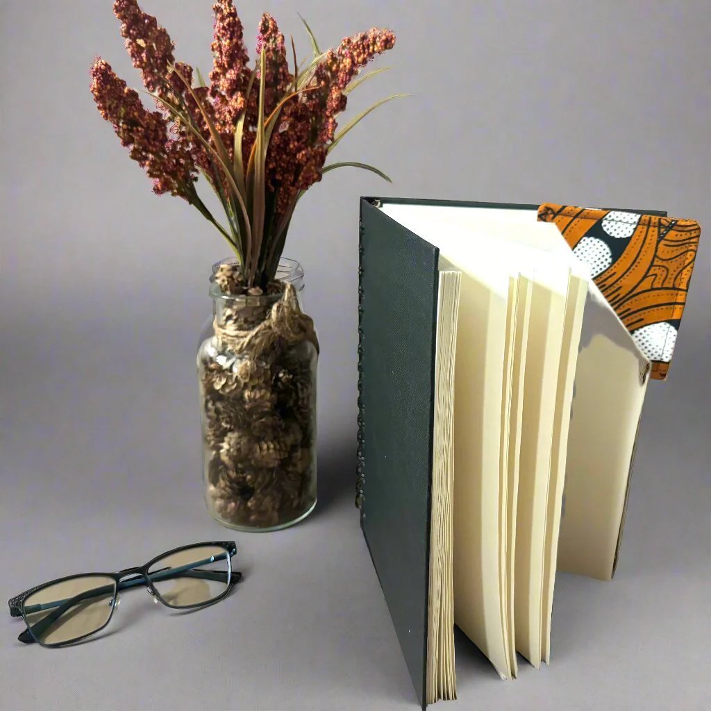 Ethnic, Fabric, Patterned, Handmade Black, Orange, and White Bookmark - Gezia Accents