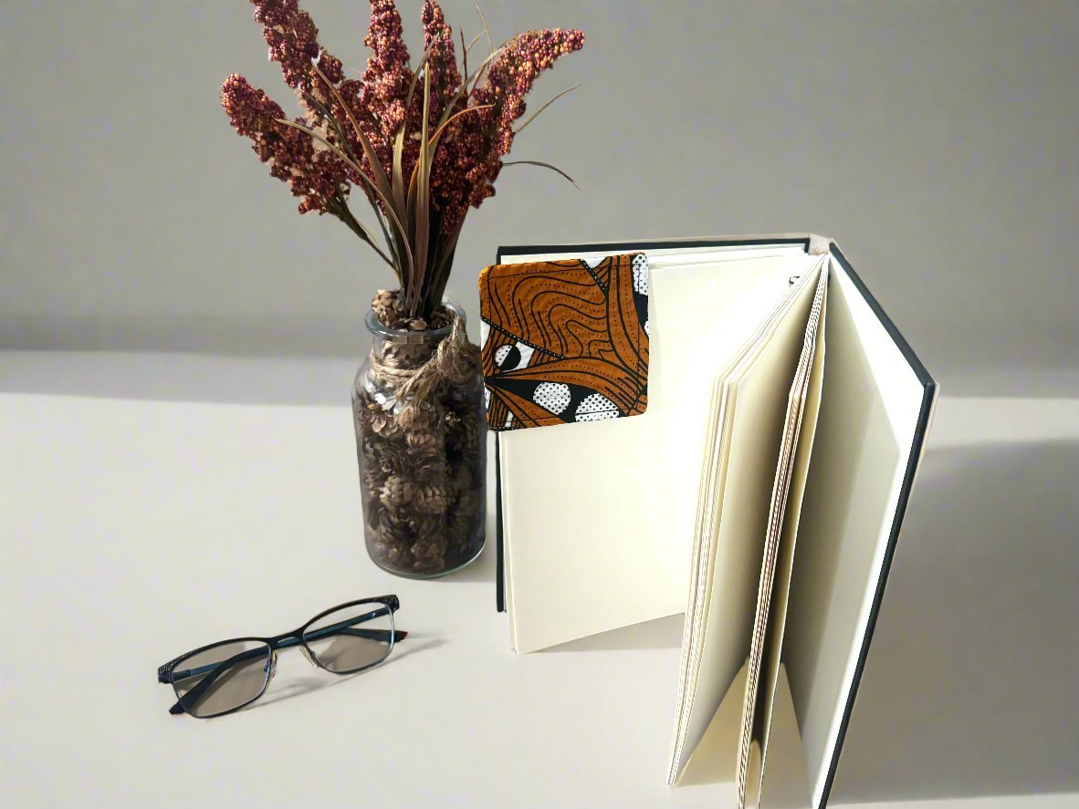 Ethnic, Fabric, Patterned, Handmade Black, Orange, and White Bookmark - Gezia Accents