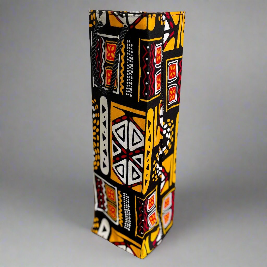Ethnic, Fabric, Patterned, Handmade Black, Orange, Yellow and White Wine Gift Bag - Gezia Accents