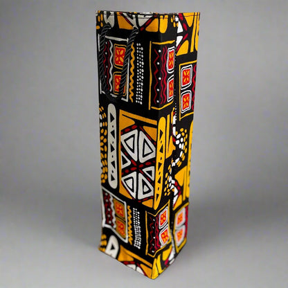 Ethnic, Fabric, Patterned, Handmade Black, Orange, Yellow and White Wine Gift Bag - Gezia Accents