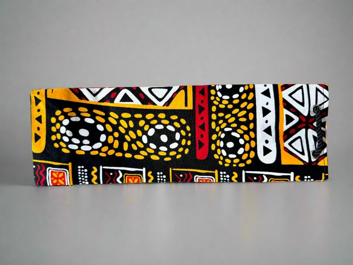 Ethnic, Fabric, Patterned, Handmade Black, Orange, Yellow and White Wine Gift Bag - Gezia Accents