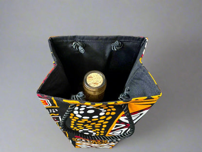 Ethnic, Fabric, Patterned, Handmade Black, Orange, Yellow and White Wine Gift Bag - Gezia Accents