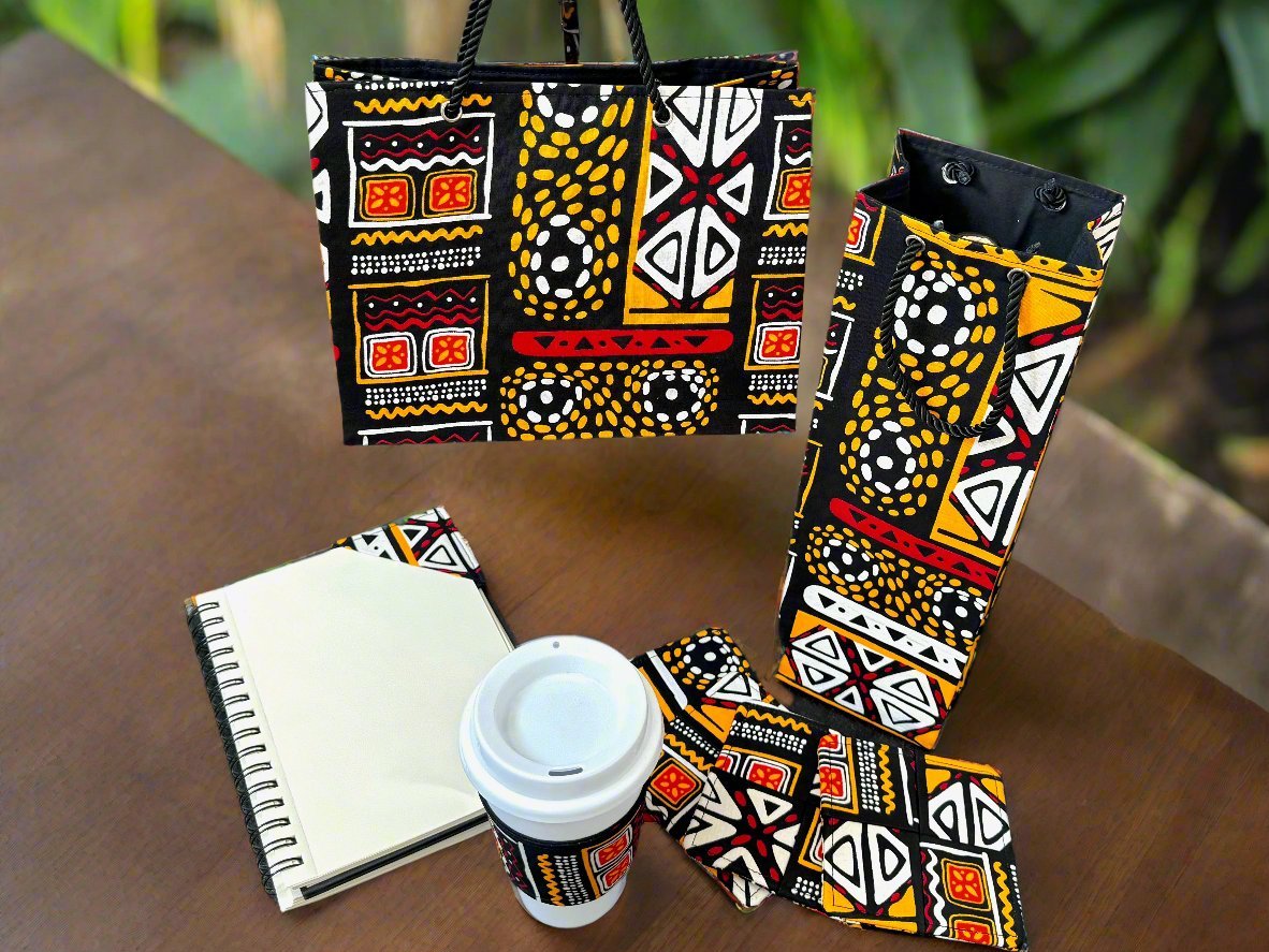 Ethnic, Fabric, Patterned, Handmade Black, Orange, Yellow and White Wine Gift Bag - Gezia Accents