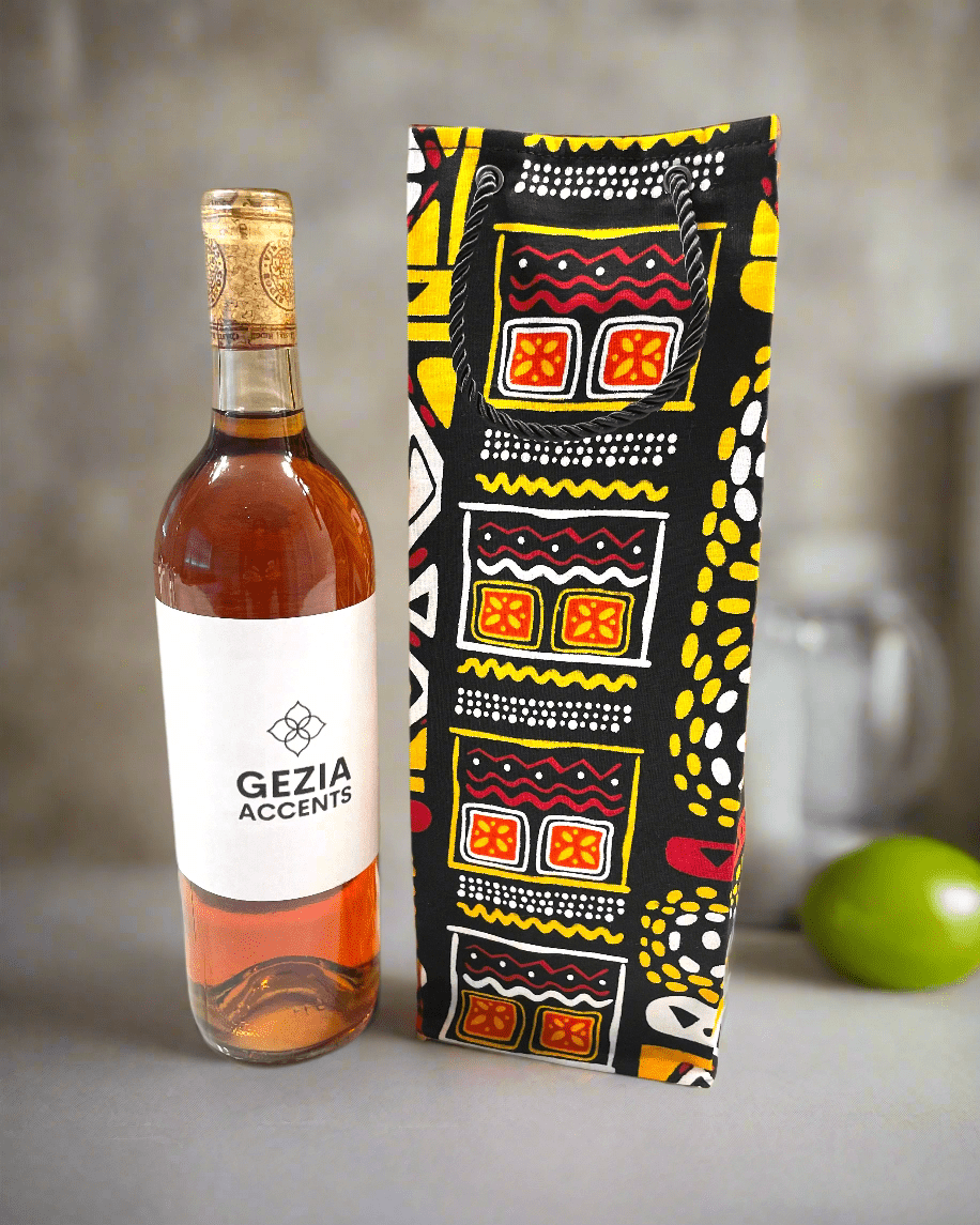 Ethnic, Fabric, Patterned, Handmade Black, Orange, Yellow and White Wine Gift Bag - Gezia Accents