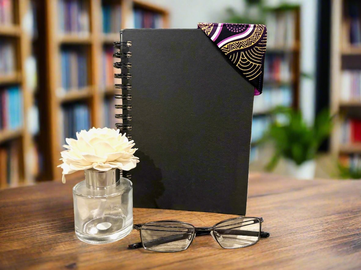 Ethnic, Fabric, Patterned, Handmade Black, Purple, and Gold Bookmark - Gezia Accents